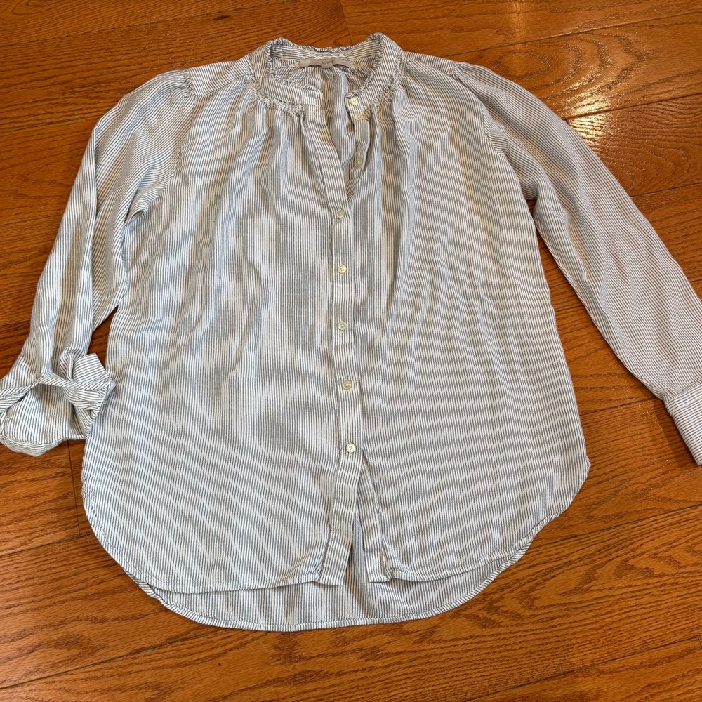 LOFT Blue Striped Ruffle Collar Button Down Coastal Blouse M